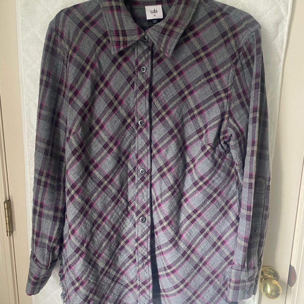 Cabi Grey and Pink Plaid Button-down Shirt with Fringe Detail.